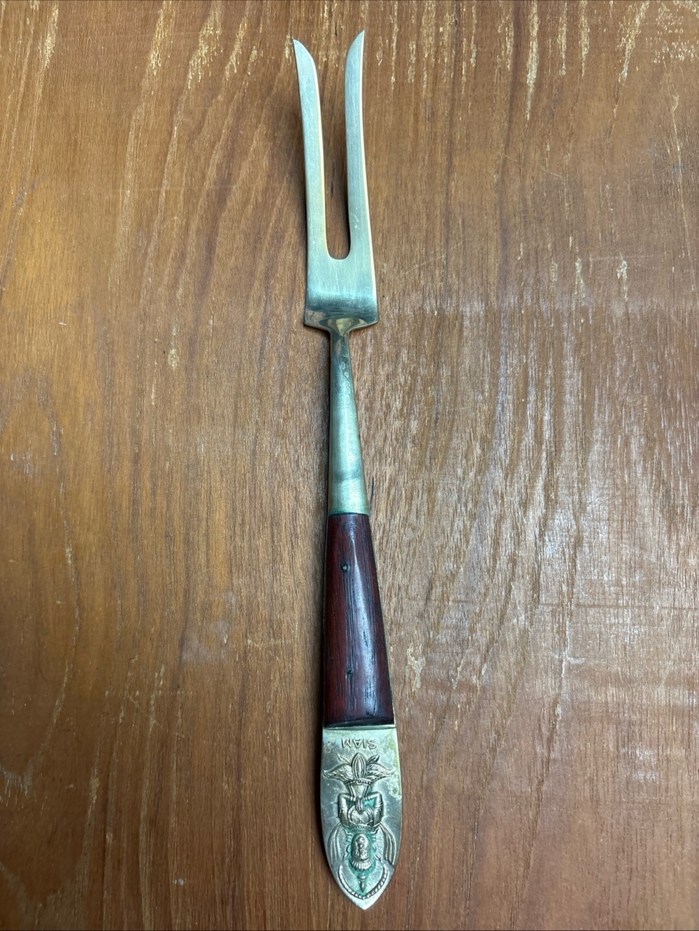 Vintage Siam Thailand Meat Serving Fork Silverware Brass Wood Handle Flatware